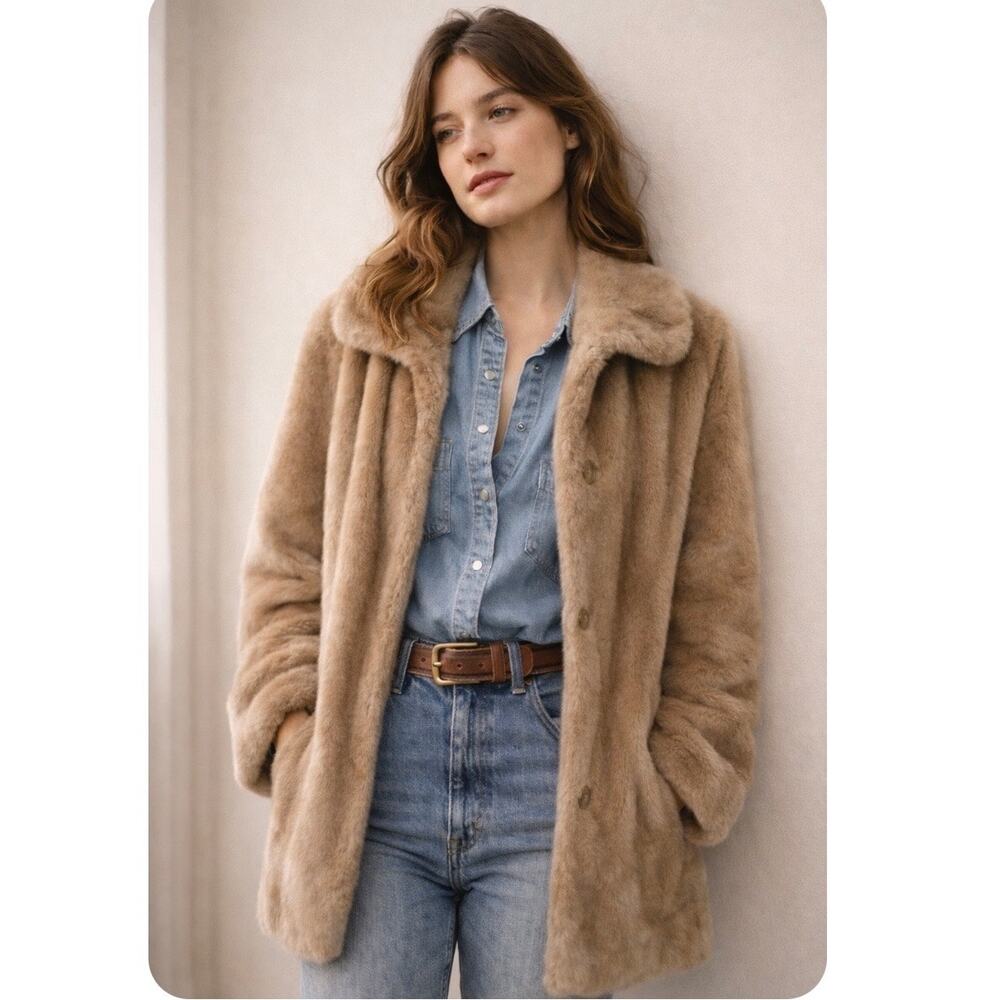 Vintage Boho Chic Effortless French Girl Oversized Faux Fur Coat Brown